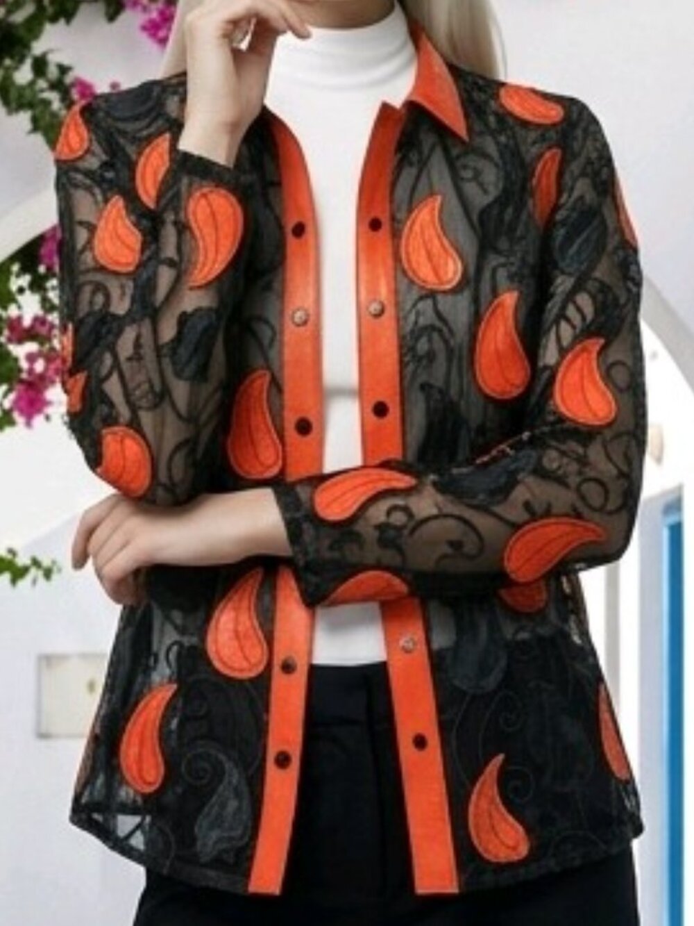 Women Jacket Sheer Blouse Top Shirt Outfit Handmade Light Leather Leaf Pattern